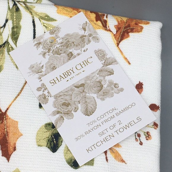 2 Shabby Chic Fall Leaves Terry Kitchen Towel Green Orange Yellow Rust Gold Foil - Picture 5 of 8
